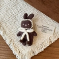 Dark brown plush rabbit brooch with white lace collar and knitted bow decoration - 44# Brooch - Brown - Rabbit