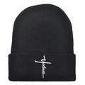 Schwarze Strickmütze mit Yeshua Kreuz-Stickerei für Herren und Damen im Winter - Schwarz