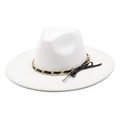 Detail of white wide brim fedora hat featuring gold chain and black leather ribbon band - M (56-58cm) / White