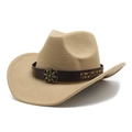 Detail of vintage cowboy hat with brown leather band, floral buckle and metal studs - M (56-58cm) / Camel
