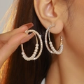 Silver double-hoop earrings featuring sparkling rhinestones and white pearl accents - Silver Double Hoop Pearl Rhinestone (DTEC0635S)