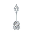 Silver curved barbell belly button ring with sparkling zircon inlays on white background - Multi-Stone Tassel Dangle (3002)