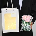 Pink soap rose bouquet in houndstooth wrap with LED lights in a white gift bag - With Preserved Plants (No Bag/Light) / Green