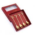 Set of 4 golden stainless steel flower stirring spoons in a red Good Luck gift box - Leaf Spoon-Gold+Red Box / Gold/Red Box/4PCS