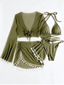 Olivgrünes 4-teiliges Badeanzug-Set mit langärmligem Bolero, Bikini und Fransenrock - Armeegrün