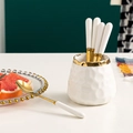 Ceramic fruit fork set with white storage jar and 6 golden dessert spoons for home - White - Spoon