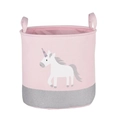 Pink round fabric toy storage basket with unicorn print and silver glitter details - Patchwork Unicorn