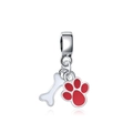 Silver bead charm with white bone and red paw print pendants for bracelets - Red Paw Print Bone