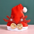 Red plush Christmas hat with white brim, golden bow and reindeer antlers decoration - Child Thickened Reindeer Hat (Red)