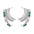 Detail of multi-layer C-shape silver earrings with green and pink gemstones - 1 Pair Pack / Platinum Multi Zirconia