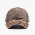 Dark brown washed denim baseball cap featuring large leather YUEQI lettering on the brim - Dark Khaki