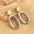 Two-tone geometric drop earrings with gold square stud and silver oval hoop link - Gold Square with Silver Oval Earrings