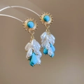 Golden sun earrings with turquoise inlay and white pearl tassel in ethnic style - 64# Silver Pin Gold Sun Turquoise Pearl Pendant Style Gold Blue White