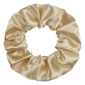 Elegant champagne gold satin scrunchie with a glossy silk-like finish and soft texture - Tan