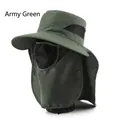 Army green sun hat with wide brim, detachable face mask and neck flap for UV protection - Army Green