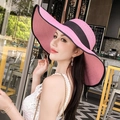 Pink and black color-block wide brim straw sun hat with wavy edge and ribbon accent - One Size / Pink with Black Trim