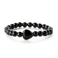 Polished black agate beaded bracelet featuring a minimalist heart-shaped charm centerpiece - Faux Onyx