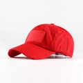 Detail of red washed cotton baseball cap featuring USA embroidery and distressed edges - Adjustable / Red