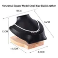 Small jewelry display stand with black leather neck bust and light wooden base - Small Horizontal Square Model Black PU Leather