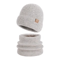 Light gray knitted winter hat and neck warmer set with warm fleece lining and leather logo - Marl Beige (2-Piece Set)