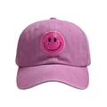 Washed magenta baseball cap with pink sequined smiley face patch for a vintage retro look - Pink