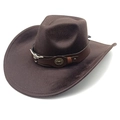Close-up of brown suede cowboy hat with leather band and metal bull head ornament - M (56-58cm) / Striped Coffee
