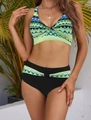 Women's two-piece bikini set with green geometric top and high-waisted black bottom - S / Green White Floral