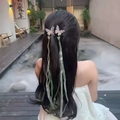 Elegant pair of butterfly hair clips with long dark green tassels for traditional Hanfu style - 10# Mambo Green Butterfly Ribbon Hair Clip
