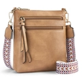 Brown leather crossbody bag with multiple zippers and ethnic patterned wide strap - Khaki