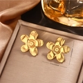 Vintage 18K gold plated flower stud earrings with brushed metal texture and 2.1cm size - Gold Five-Petal Brushed Flower (E-273)