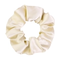 Close-up of beige satin hair scrunchie showing glossy texture and elastic fabric pleats - Beige