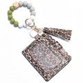 Silicone bead keychain bracelet with army green beads and leopard print wallet - Red Leopard