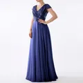 Dark blue evening gown with V-neck sequined bodice and high-waisted flowing chiffon skirt - Dark Blue / S
