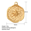Macro shot of 20mm gold stainless steel sun star pendant with size and weight specs - SS0028 Gold North Star Compass