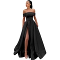 Detail of high-slit black satin off-shoulder evening gown with elegant floor-length hemline - US size 14 / Top And Bottom / Black