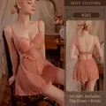 Lingerieset met kanten nachthemd in lotusroze en transparante V-hals details - Eén maat / Abrikoos