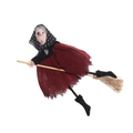 Handmade witch doll in red linen dress riding a wooden broom for Halloween decor - Red Witch on Broomstick / Red