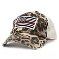 Detailed side view of leopard print trucker hat with US flag patch and white mesh - Adjustable / Black Leopard (Thin Red Line)
