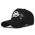 Black cotton baseball cap with white S letter and bird embroidery on five-panel design - Adjustable / Black