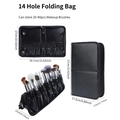 Detailed views of a 14-hole black folding makeup brush bag with dimensions and capacity - 14-Hole PU Folding Empty Bag