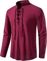 Detail van bordeaux katoen-linnen shirt met vetersluiting opstaande kraag en mouwen met knopen - Bordeauxrood