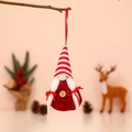 Close-up of knitted Christmas gnome ornaments with wooden buttons hanging on branches - Female - Style 2