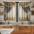 Detailed view of kitchen tier curtains with grey valance and golden pattern sheer fabric - Grey Lace Valance