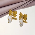 Elegant gold butterfly earrings with pearls on silk fabric background with mirror reflection - 1297-Gold Bowknot Pearl