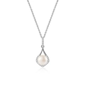S925 silver necklace with pear-shaped pearl pendant and diamond halo on white background - 925 Silver / Platinum Necklace