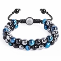 Detail of double-layer purple tiger eye and obsidian beaded bracelet with adjustable cord - Blue Tiger Eye + Obsidian + Hematite (Style 3)