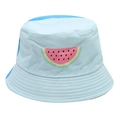 Detail of light blue cotton bucket hat featuring a watermelon slice print and neat stitching - Popsicle Print / Blue