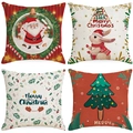 Set of 4 Christmas linen pillow covers with Santa and reindeer festive designs - Red and Green Santa Claus