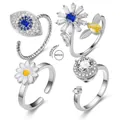 Verstellbare silberne Fidget-Ringe mit rotierenden Blumen- und Kristallmotiven für Damen - Drehbarer Stil 4 Ringe (Sonnenblume, Böser Blick, Biene Gänseblümchen, Strass Pavé) / Einstellbar Offen
