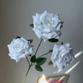 Three-headed artificial white silk roses with realistic green leaves and stems bouquet - Pure White